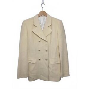 Burberry London Tweed Blazer Womens 10 Double Breasted Wool Cream Logo Jacket